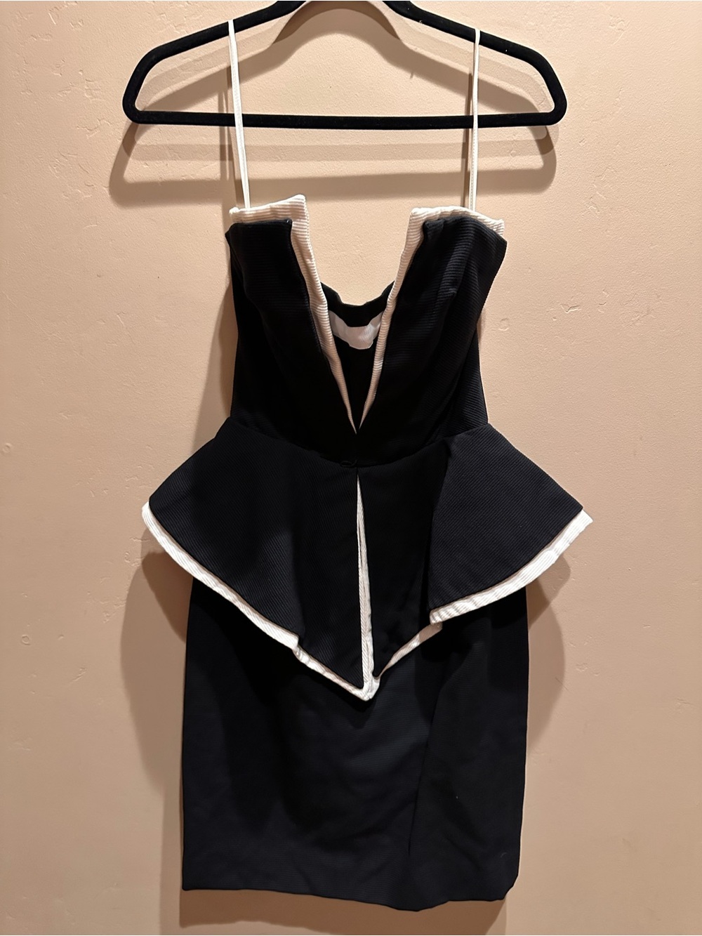 VTG 80s Victor Costa Strapless Peplum Dress Black White Trim Cocktail Mini XS - Picture 2 of 16
